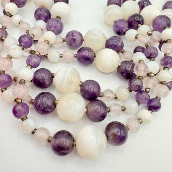 Vintage Gemstone Beaded Multistrand Choker Necklace Agate Amethyst Quartz 16” - Picture 7 of 16